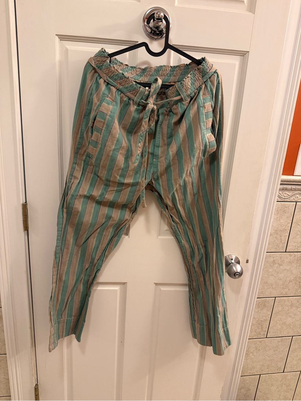 Free People Green and Beige Striped Drawstring Joggers
